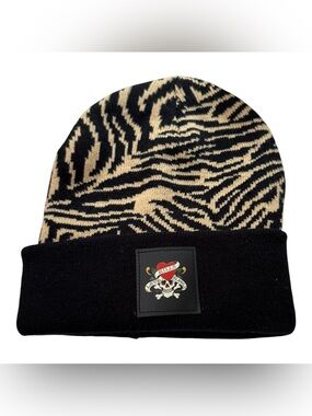 Ed Hardy Black and Cream Zebra Knit Beanie with Skull Patch - One Size